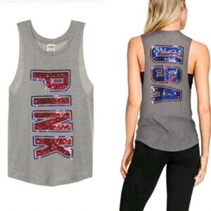 PINK Victorias Secret Bling Americana Muscle Tank Top Sz S Sequin Glam Patriotic